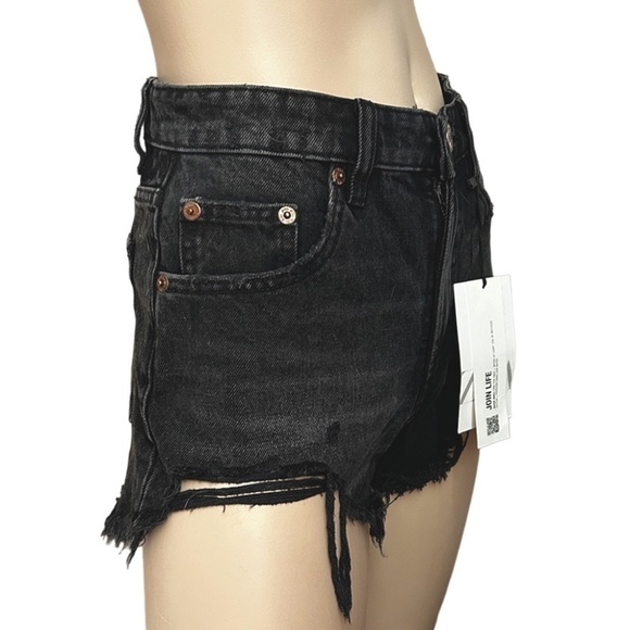 Zara Factory Distressed Shorts 5-Pocket Denim Dungaree Black High-Rise Branded - Picture 3 of 12